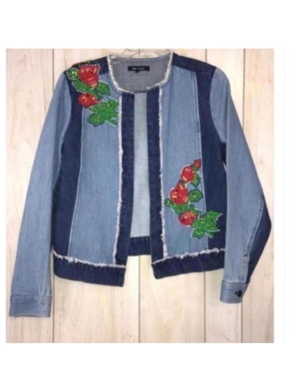 Relativity Beaded Rose Denim Patchwork Jean Jacket
